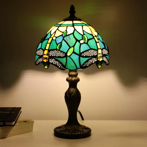 Miniatura 12 de Lámpara de mesa de hongo Tiffany estilo libélula lámpara de acento de vidrio teñido azul marino base de vidrio marrón azul 8X8X12 pulgadas