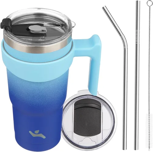 Miniatura 55 de Konokyo - Vaso de 10 onzas con asa y 2 popotes, 2 tapas, botella de agua aislada de acero inoxidable, taza de viaje reutilizable, color verde militar