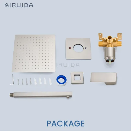 Miniatura 9 de Airuida Juego de grifo de ducha para baño, sistema de ducha de lluvia de acero inoxidable SUS304, mango único con roscas macho, válvula de Níquel