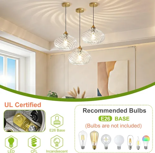 Miniatura 4 de Glass Pendant Lights Kitchen Island, 11'' Brass Gold Pendant Lighting Fixtures, Modern Hanging Ceiling Light with Striped Clear Glass Shade for