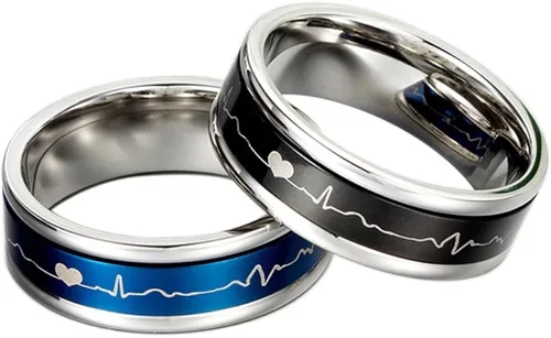 Miniatura 5 de Romántico juego pareja anillos titanio acero boda bandas negro azul cómodo ajuste giratorio ECG Heartbeat su y su promesa regalos especiales
