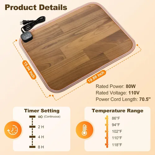 Miniatura 2 de Calentador de pies debajo del escritorio, tapete calefactable de 15.9 x 19.9 pulgadas, 110 V, temperatura ajustable, calentador eléctrico