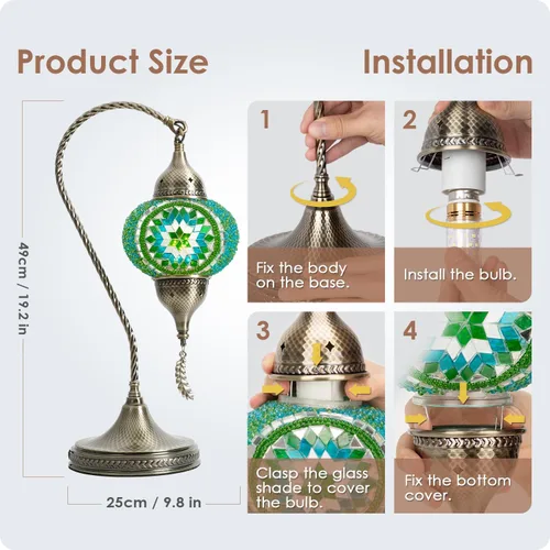 Miniatura 6 de Yarra-Decor Lámpara de mesa de mosaico turco marroquí con base de bronce, 3 opciones de color, hecha a mano, cuello de cisne, mosaico Tiffany, green2