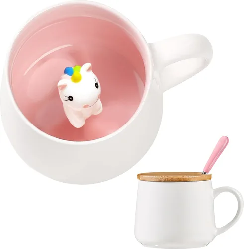 Miniatura 17 de BigNoseDeer Taza Bonita de Dinosaurio Taza de Café de Cerámica con Dinosaurio de Dibujos Animados 3D en el Interior, Tazas Divertidas con Tapa