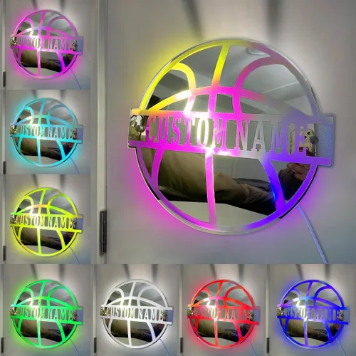 Miniatura 2 de Letrero de neón personalizado con luz de espejo, letrero de pelota de baloncesto con nombre, luz nocturna de neón deportiva de baloncesto
