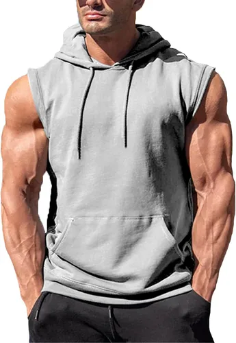 OEAK Mens T Shirt Hooded Workout Tank Tops Sleeveless Hoodies Muscle Shirt Gym Training Blouse with Athletic Pockets