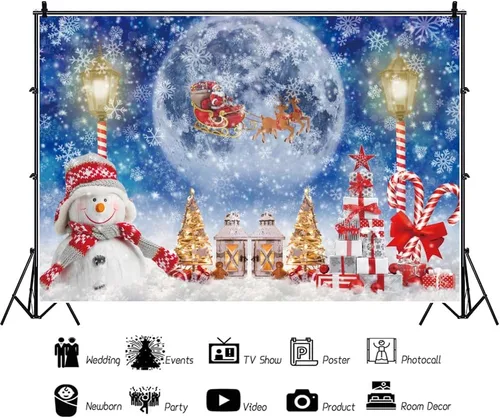 Miniatura 3 de Telón de fondo de Navidad de 10 x 8 pies para sesión de fotos, muñeco de nieve de invierno, luna llena, noche de Papá Noel, fondo de Papá Noel