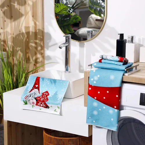 Miniatura 2 de Preboun Juego de 3 toallas de baño navideñas de gnomo, toallas de mano con árbol de Navidad, toallas de baño con copos de nieve de invierno, toallas
