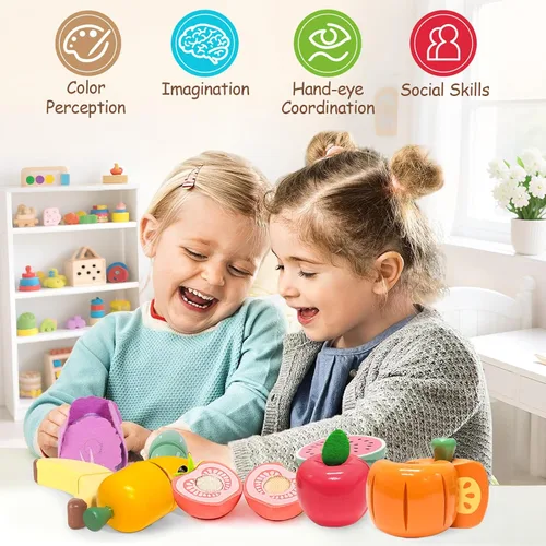 Miniatura 3 de WHOHOLL Juego de 42 piezas de comida de juego para jugar, accesorios de cocina, juguetes de madera para cortar alimentos, frutas y verduras