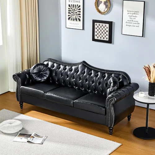 Miniatura 7 de AVZEAR 82" Sofá de tres plazas de cuero, sofá Chesterfield, sofá tapizado en PU de estilo moderno de mediados de siglo, sofá de sala de estar