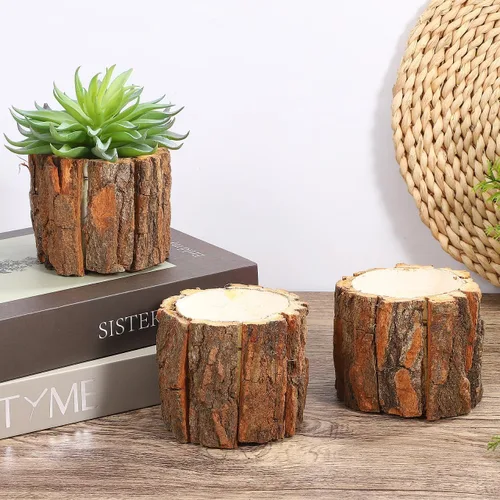 Miniatura 2 de Housoutil Jarrón de madera para centros de mesa, paquete de 3 macetas rústicas de tocón de árbol, cubo de flores de corteza de madera para bodas