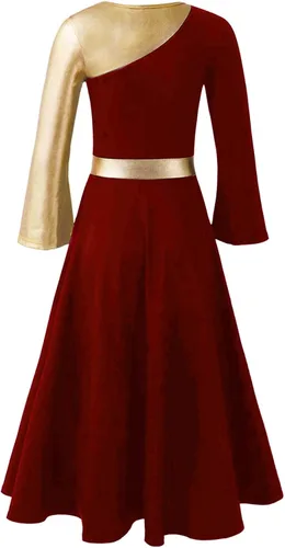 Miniatura 5 de easyforever Vestido de baile de alabanza con bloques de color dorado metálico para niña, ropa de baile lírica cristiana, vestido de túnica de baile