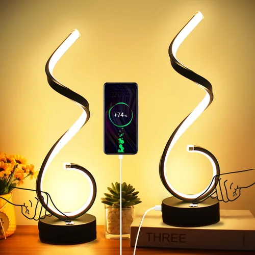 Juego de 2 lámparas de mesa LED en espiral modernas, lámpara de mesa de control táctil de 10 W con puertos de carga USB, regulable, 3 modos de Negro
