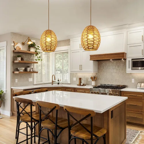 Miniatura 8 de DELIPOP Lámpara colgante, araña de ratán tejida a mano, luces colgantes ajustables bohemias para sala de estar, comedor, cocina, dormitorio, granja