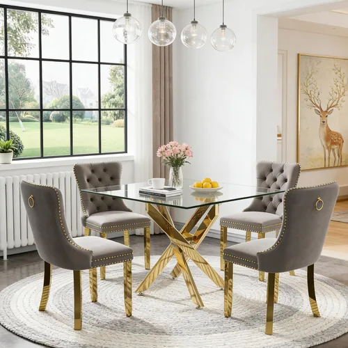 Miniatura 62 de Juego de 4 mesas de comedor de cristal para 4, juego de 4 mesas y sillas de cocina modernas, juego de mesa de comedor de cocina de 5 piezas con mesa