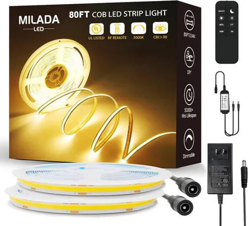 Tira de Luces LED COB 3000K 80 pies/24M tira led blanca cálida regulable de alto lumen (2 rollos de 40 pies) Adaptador UL 24V Adhesivo Adecuado para