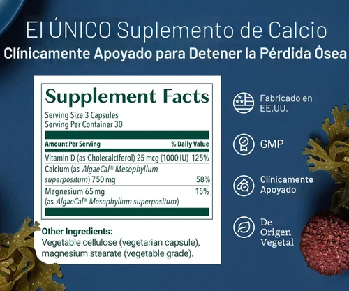 Miniatura 6 de ALGAECAL - Suplemento de calcio a base de plantas con vitamina D3 (1000 UI) para fortaleza ósea, contiene 13 minerales que apoyan la salud ósea