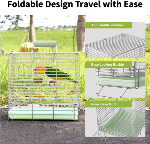 Miniatura 5 de Transportador Jaula de Viaje para Aves – Jaula de Viaje Plegable Portátil de Acero Inoxidable 304 con Tazas Comedero para Loros y Percha de Pie