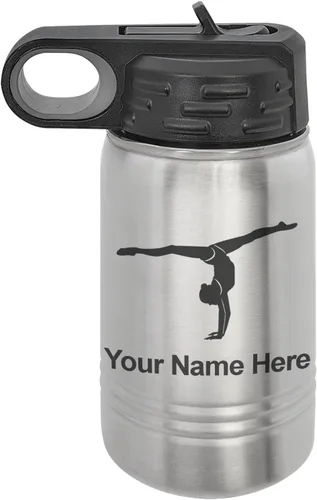 Miniatura 42 de LaserGram Botella de agua personalizada, gimnasta niña, acero inoxidable de doble pared aislada al vacío con popote superior, regalo grabado Azul