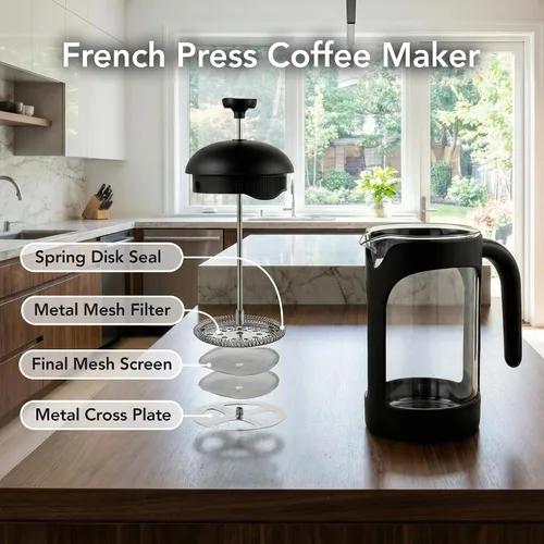 Miniatura 3 de OVENTE Cafetera de prensa francesa de 12 onzas con vidrio de borosilicato resistente al calor y sistema de filtración de acero inoxidable de 4