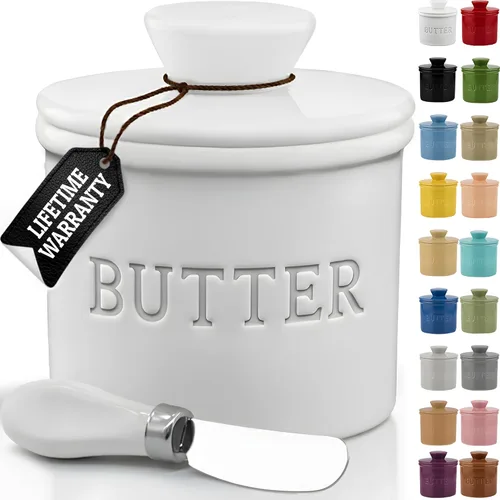 Miniatura 27 de Priority Chef Mantequilla grande con tapa con línea de agua, plato de mantequilla francesa de cerámica para dejar en el mostrador, color negro
