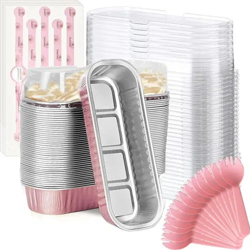 Miniatura 23 de Findful Mini Moldes para Hornear Pan con Tapas y Cucharas (Paquete de 50, 6.8oz) Moldes Rectangulares de Papel de Aluminio para Hornear Recipientes