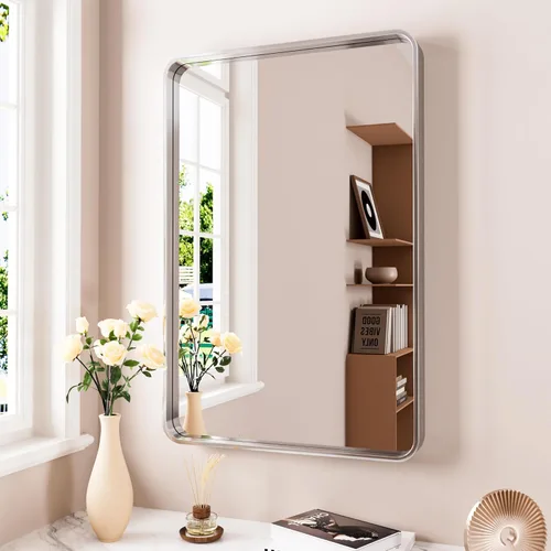 JISOSO - Espejo de baño de 24x36 pulgadas con marco de metal cepillado color níquel, espejo con marco de metal cepillado plateado para pared, espejo