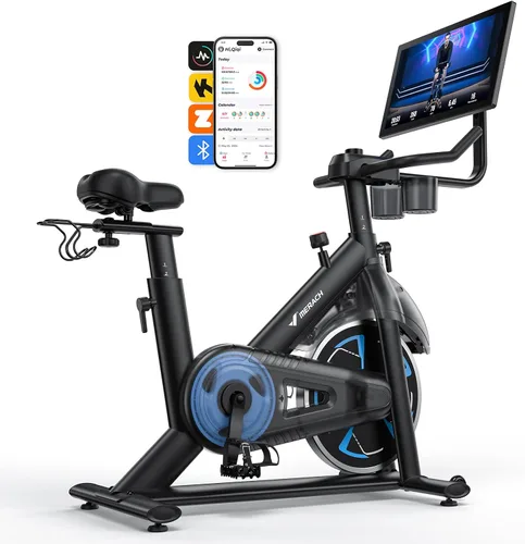 Merach Bicicleta estática magnética con pantalla HD de 21.5 pulgadas y resistencia automática, bicicleta estacionaria de bajo ruido para el hogar