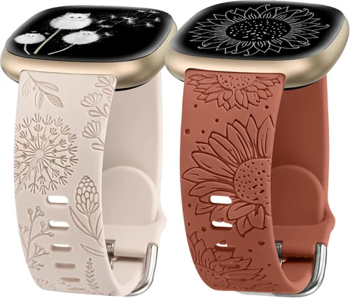 Minyee Paquete de 2 correas grabadas florales compatibles con Fitbit Versa 4/Versa 3/Sense 2/Sense Band para mujer, lindo diseño de girasol de