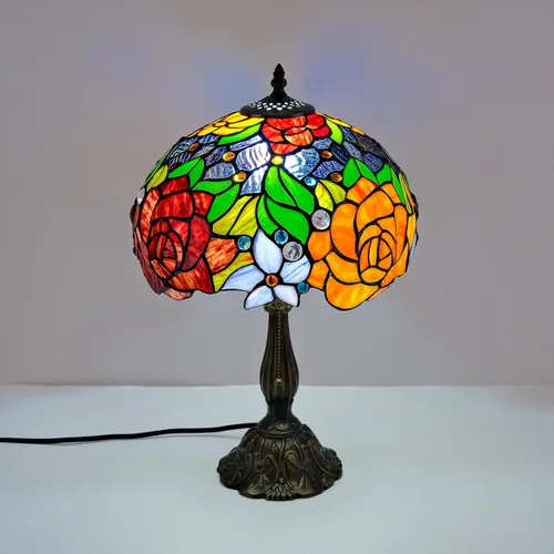 Miniatura 6 de Tiffany Style Stained Glass Table Lamp, Floral Pattern Desk Light with Antique Bronze Resin Base, Red Roses Decorative Lighting for Bedroom, Living