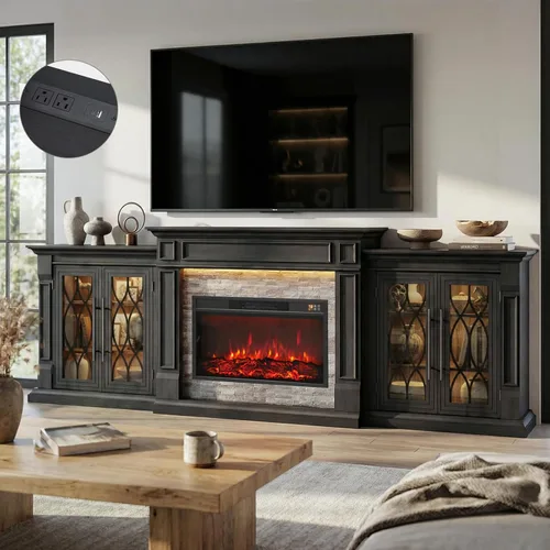 Miniatura 14 de Soporte de TV con chimenea de 72 pulgadas con toma de corriente y LED, chimenea eléctrica con repisa, centro de entretenimiento con almacenamiento
