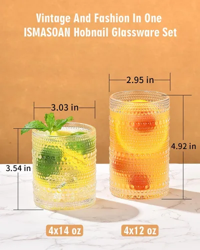 Miniatura 2 de ISMASOAN Juego de 8 vasos de cóctel vintage Hobnail de 14 onzas y 12 onzas, vasos para cocina, cristalería con cuentas, vasos altos para whisky