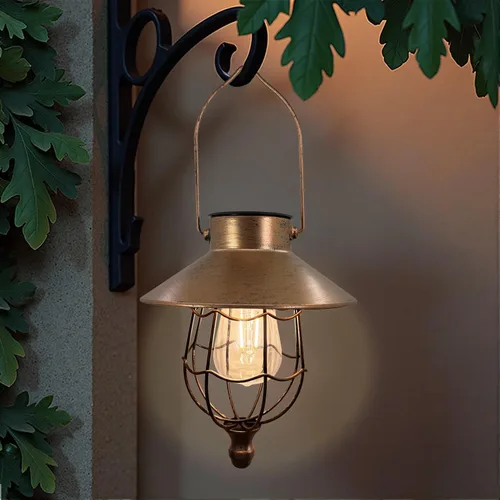 Miniatura 9 de Farol solar colgante para exteriores, faroles vintage de metal cobre, luces colgantes solares blancas cálidas, diseño de bombilla Edison impermeable