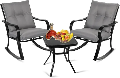 Miniatura 7 de Juego de 3 sillas mecedoras para exteriores, muebles de patio, sillas de metal negro y mesa de centro con tapa de vidrio con cojines gruesos