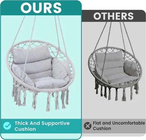 Miniatura 2 de KROFEM Silla Hamaca Colgante Balanceante de Macramé con Cojín Mediano, Perfecta para Dormitorio, Porche, Adultos, Balcón, Gris Gris ordinario