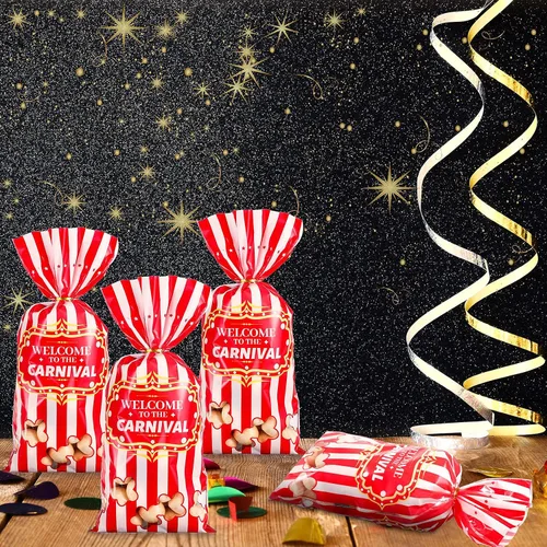 Miniatura 7 de Epakh Paquete de 200 bolsas de dulces de carnaval, con temática de circo, bolsas de plástico para fiestas con patrón de palomitas de maíz y lazos