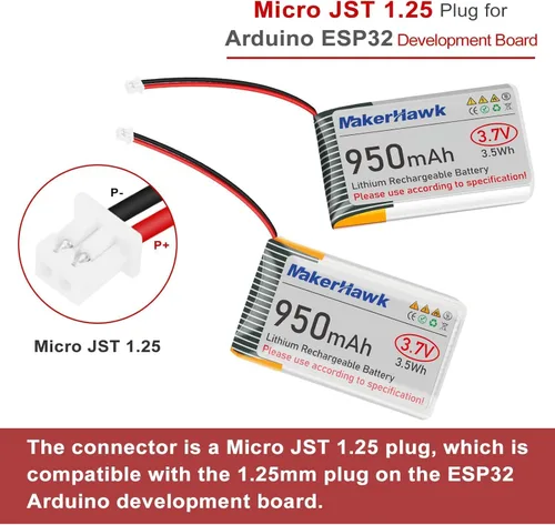 Miniatura 2 de MakerHawk Batería LiPo de 3.7 V 950 mAh recargable 1S 3C batería de polímero de litio con placa de protección cinta de goma aislada, enchufe micro