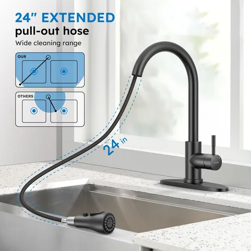 Miniatura 3 de Arofa Grifo de cocina negro mate, grifo de fregadero de cocina con rociador abatible, de una sola manija, de acero inoxidable, comercial, moderno