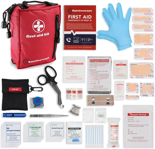 Surviveware Kit completo de primeros auxilios de supervivencia premium de 98 piezas - Kit de emergencia médica para equipamiento de camping,