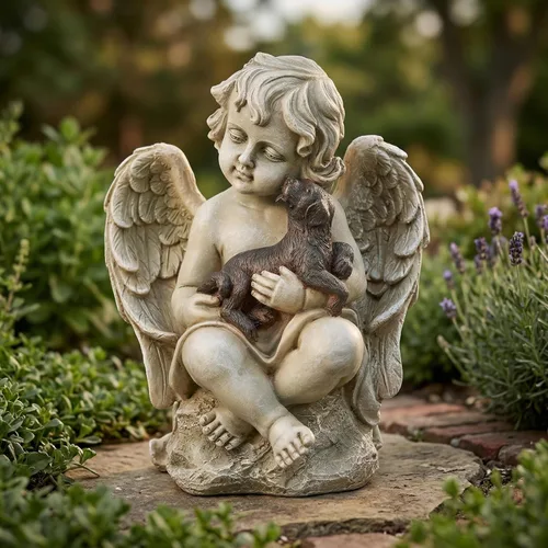DUSVALLY Angel Holding - Estatua de jardín para cachorros, escultura de querubín de resina resistente a la intemperie, decoración de jardín al aire