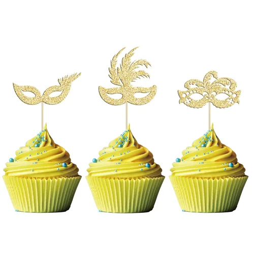Miniatura 19 de Gyufise 24 máscaras de mascarada para cupcakes con purpurina para despedida de soltera, para cupcakes, comida y frutas, baile de máscaras, Mardi