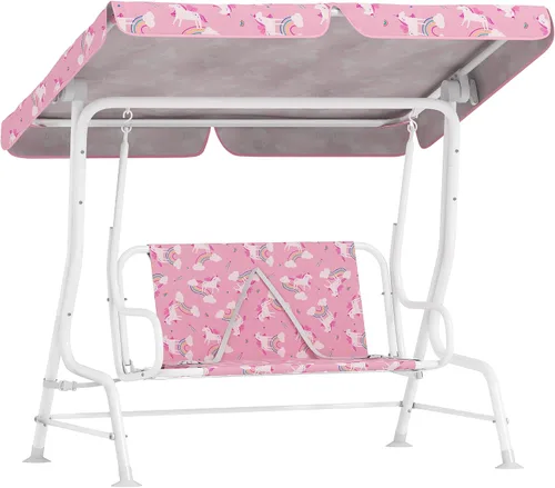 Miniatura 12 de Qaba Columpio de patio para niños, 2 plazas para porche al aire libre con toldo ajustable, cinturón de seguridad, banco colgante con patrón de zorro