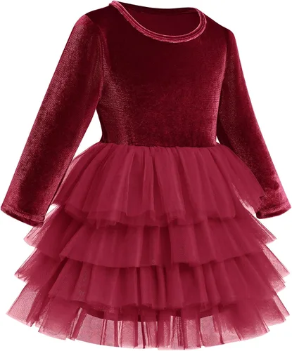 Miniatura 2 de Vestido de tutú de tul escalonado de terciopelo de manga larga para otoño e invierno para niñas y niñas