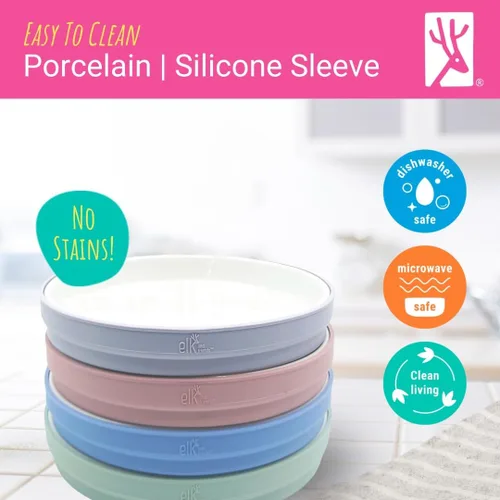 Miniatura 6 de Elk and Friends Platos blancos de porcelana para niños de 7.8 pulgadas con fundas de silicona, adecuados para bebés/niños pequeños, aptos