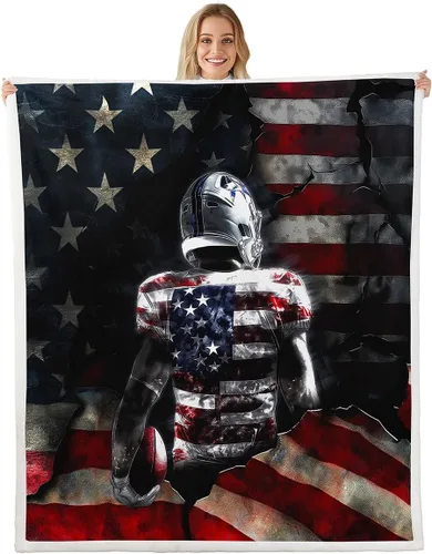 Manfei Football Throw Flannel Blankets,Vintage USA Flag Hippie Graffiti Fleece Throw Blanket for Home Decor Sofa Couch,Fashion Sports Game Rugby
