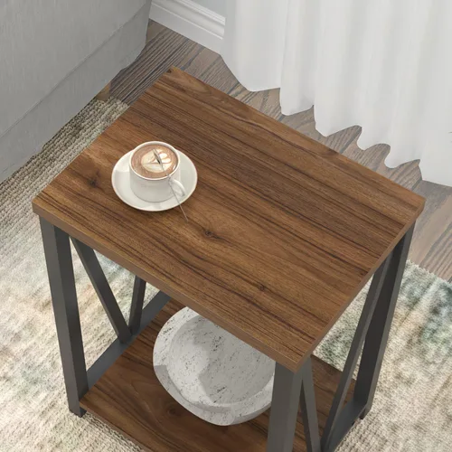 Miniatura 4 de FOLUBAN Mesa auxiliar pequeña, mesa auxiliar de madera rústica y metal con almacenamiento, moderna mesita de noche para sala de estar, dormitorio
