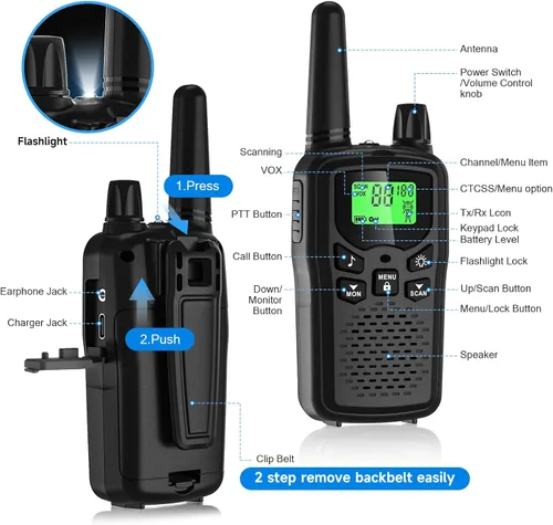 Miniatura 4 de Walkie Talkies para adultos de largo alcance, Walkie Talkie recargable, 22 canales FRS, radios bidireccionales con reducción de ruido, ajuste