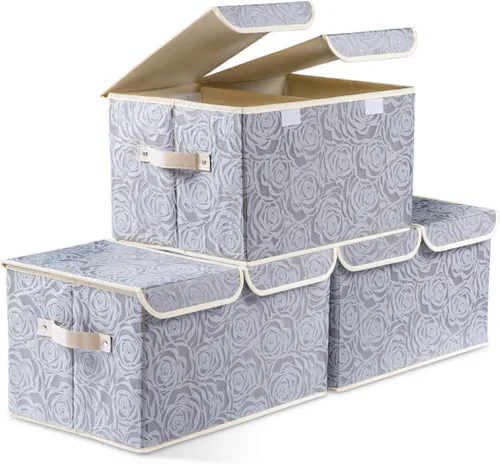 Miniatura 12 de PRANDOM Caja de almacenamiento plegable más grande con tapa [1 unidad] Contenedor Cesta Organizadora Cubo de Almacenamiento Decorativo de Tela