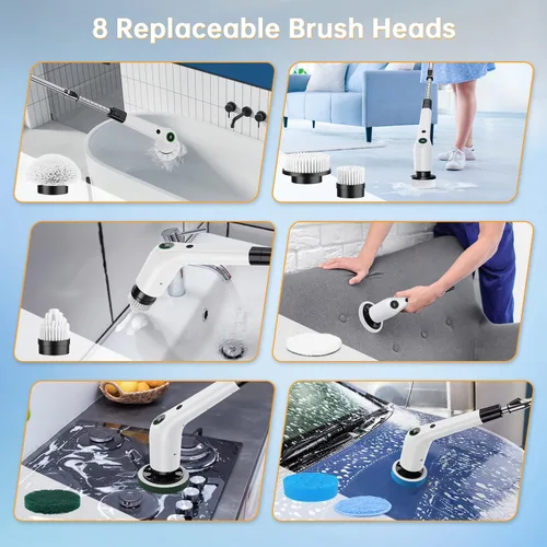 Miniatura 6 de PUFTEM Cepillo Eléctrico Giratorio, Limpiador de Ducha Inalámbrico con 8 Cepillos de Fregar, 2 Velocidades con Mango de Extensión Ajustable