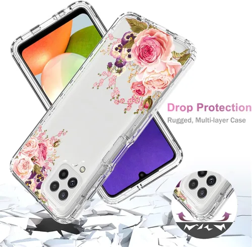 Miniatura 7 de Funda para Samsung Galaxy A22 4G/M32 4G SM-A225F con protector de pantalla de vidrio templado, cuerpo completo transparente con diseño floral, Flor